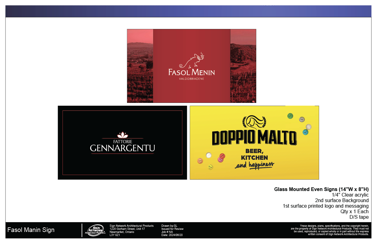 Three signs for different brands or businesses: Fasol Menin Valdobbiadene at the top, Fattorie Gennargentu at the bottom left, and Doppio Malto with the tagline beer, kitchen, and happiness on a yellow background at the bottom right.