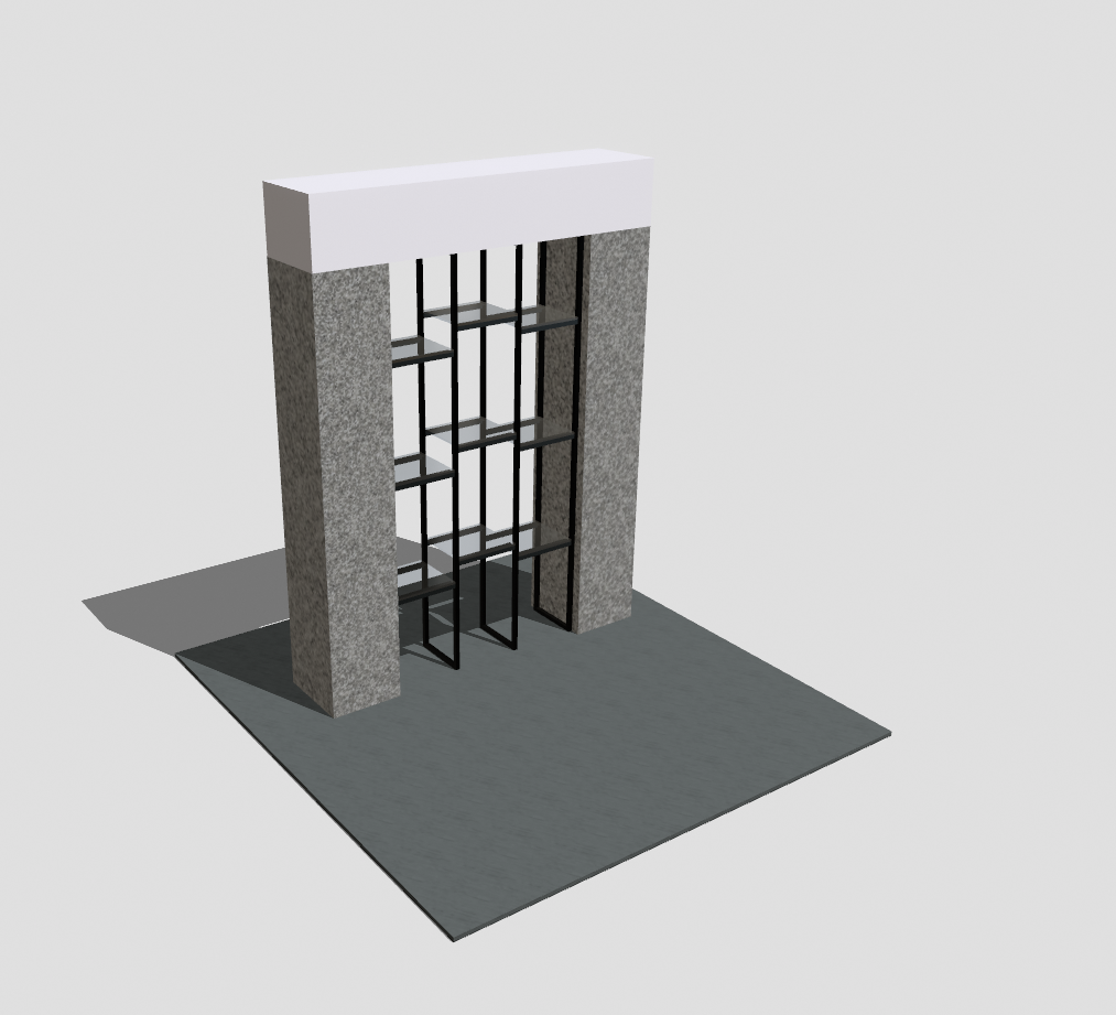 3D model of a modern bookshelf with metal frame, concrete side panels, and a white top, placed on a gray platform.