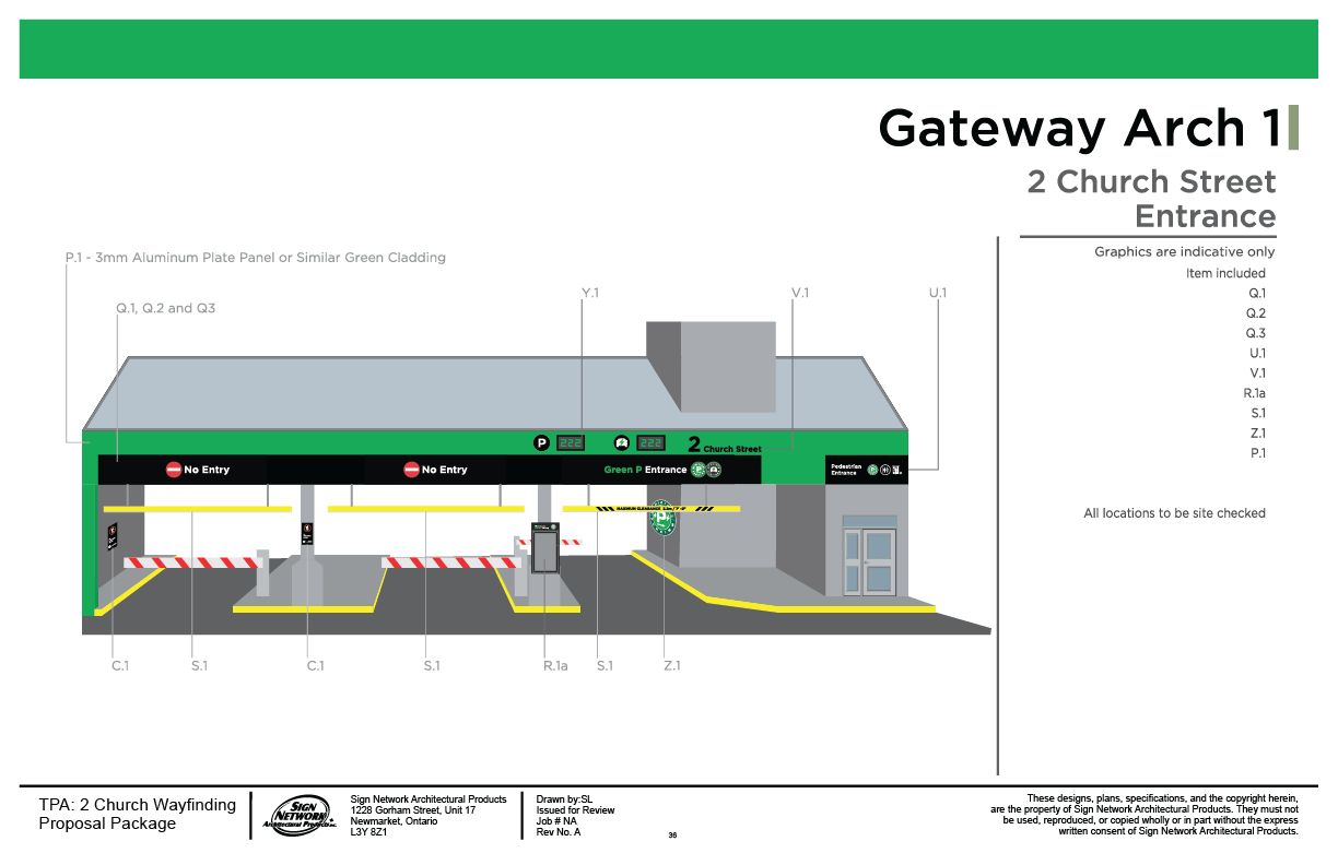 Diagram of Gateway Arch 1 entrance at 2 Church Street showing parking gates, barrier arms, and pedestrian entrance, with signage for no entry and green parking area, and directional arrows.