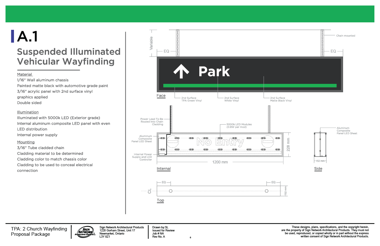 Diagram of a suspended illuminated vehicular wayfinding sign with specifications for materials, illumination, mounting, and electrical connections.