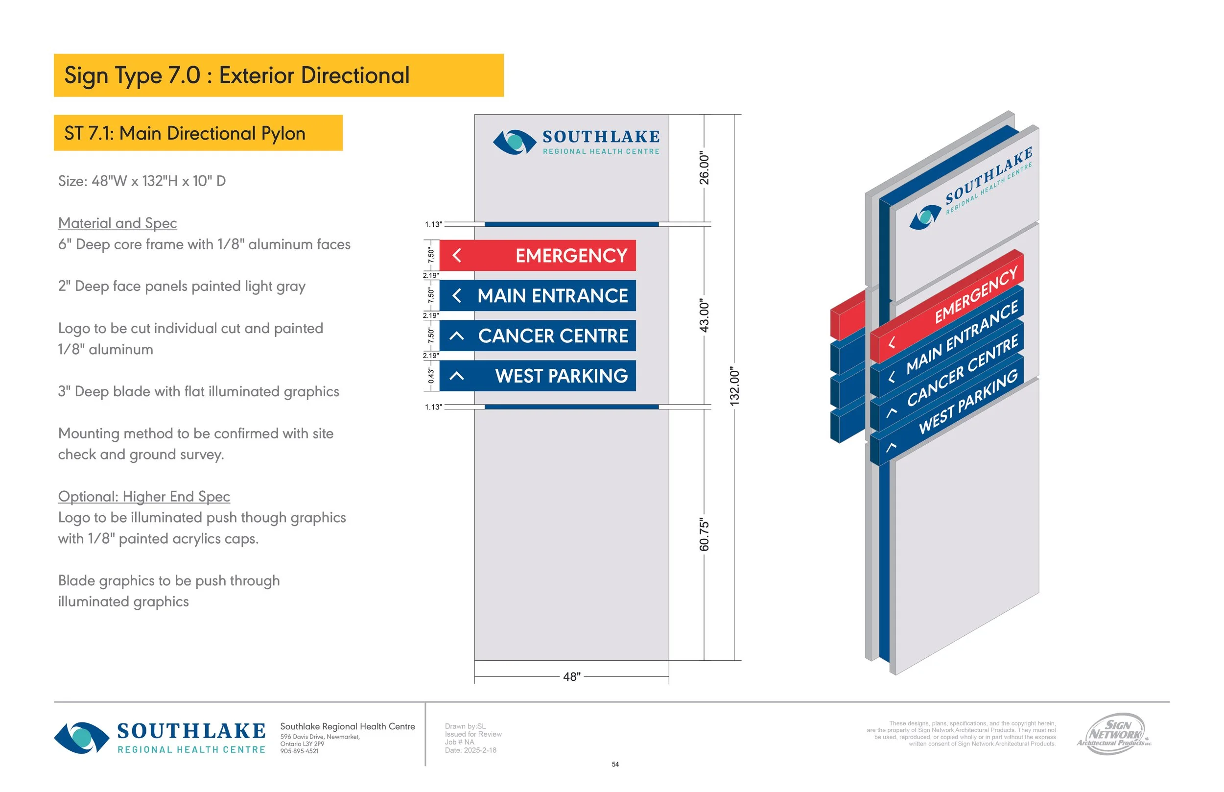 Diagram and specifications for an exterior directional sign for Southlake Regional Health Centre, showing its dimensions, materials, color scheme, and individual components labeled as emergency, main entrance, cancer centre, and west parking.