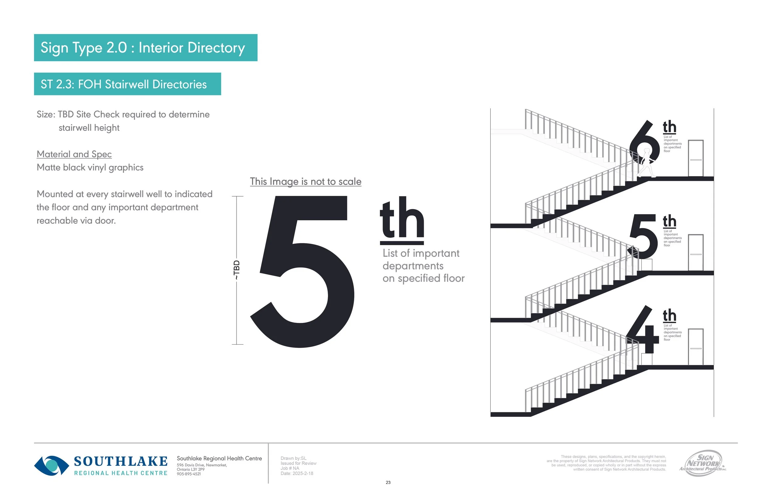 A sign design plan for staircase directories at Southlake Regional Health Centre showing the numbering for floors 4 through 6, with text indicating important departments on each floor. The design uses black vinyl graphics with a layout of stairs on the right side.