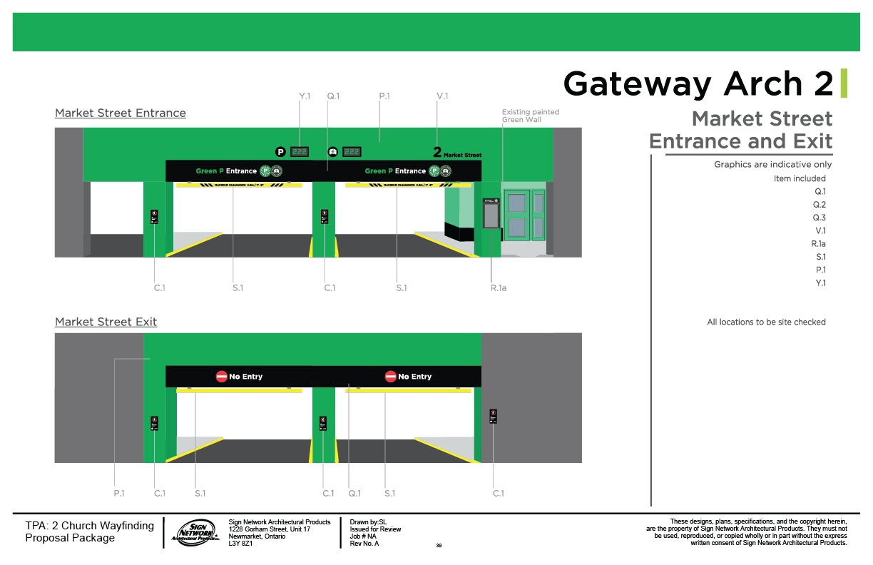 Diagram of Gateway Arch 2 entrance and exit points for Market Street, showing designated lanes, signs, and barriers to control vehicle flow.
