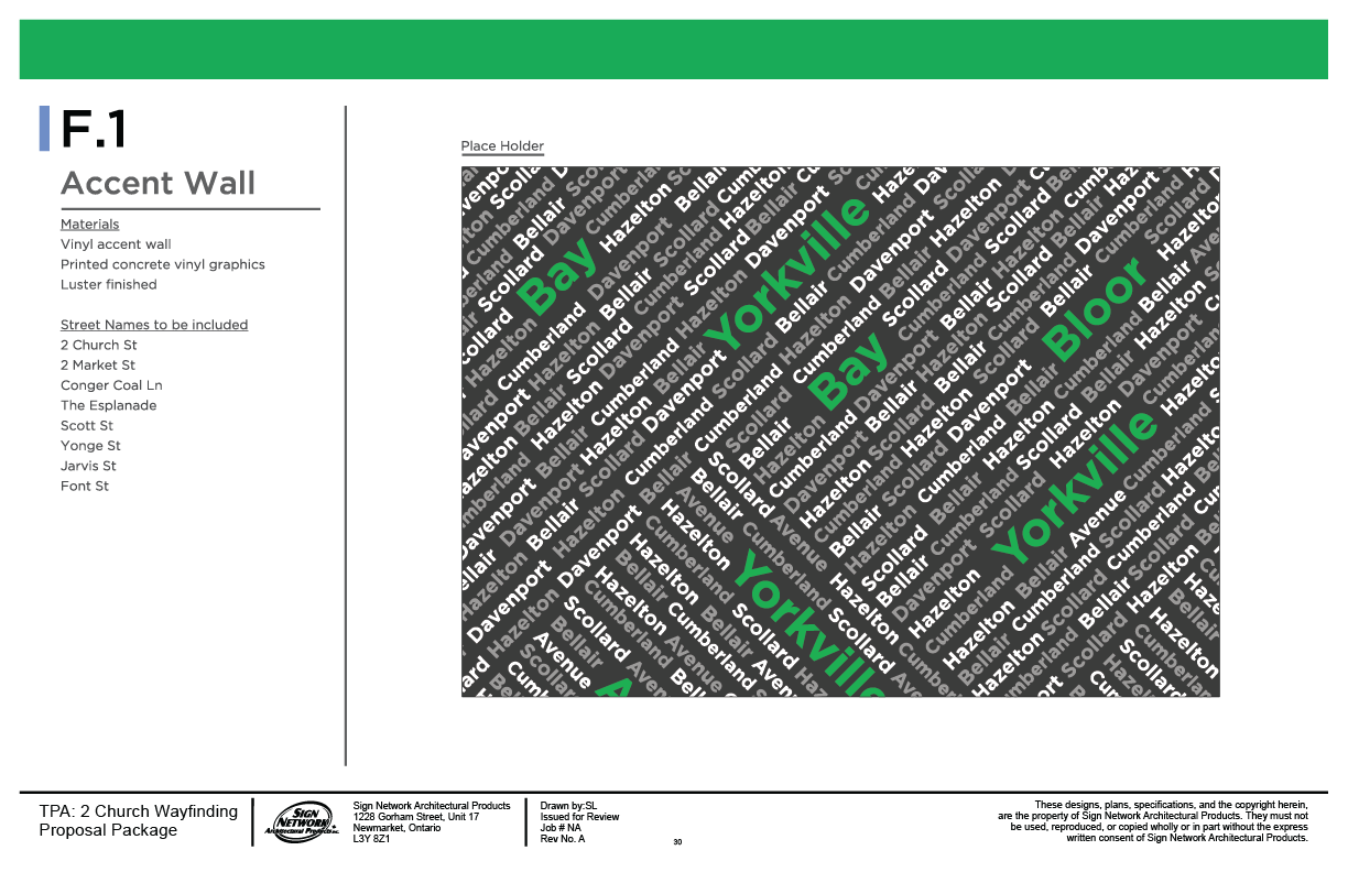 Design proposal page for a Sign Network Architectural Product featuring an accent wall with street names including Yorkville, Bay View, and Bloom.