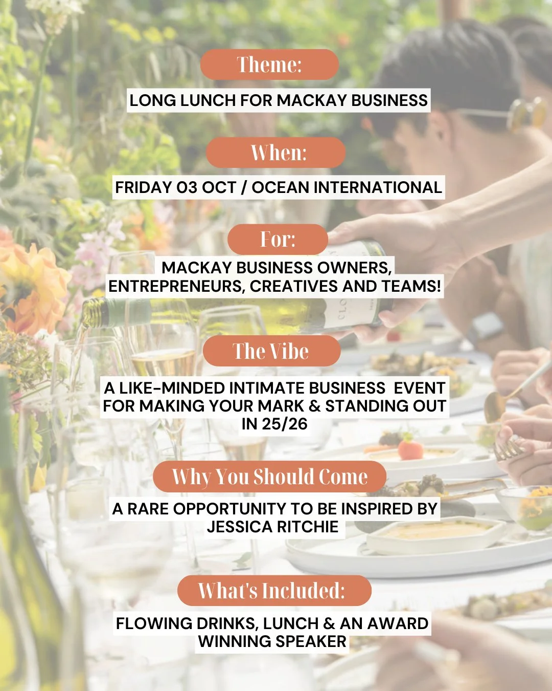 🌟 The Networking Table You Can&rsquo;t Miss 🌟

The Long Lunch &mdash; Fri, Oct 3 at Ko Work ✨

Your chance to connect, collaborate, and be inspired at Mackay&rsquo;s ultimate business lunch.

🍴 A long table designed for connection
🥂 Drinks, good 