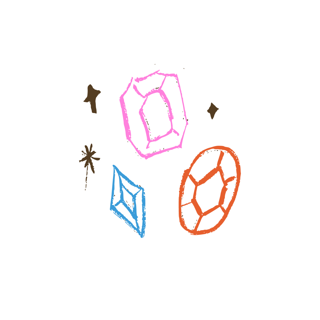 Three gemstones illustrated to highlight the possible customizations and options. Three stars surround the gemstones to show their luxurious shine and fine quality. Gemstones are pink, red, and blue and in different shapes.
