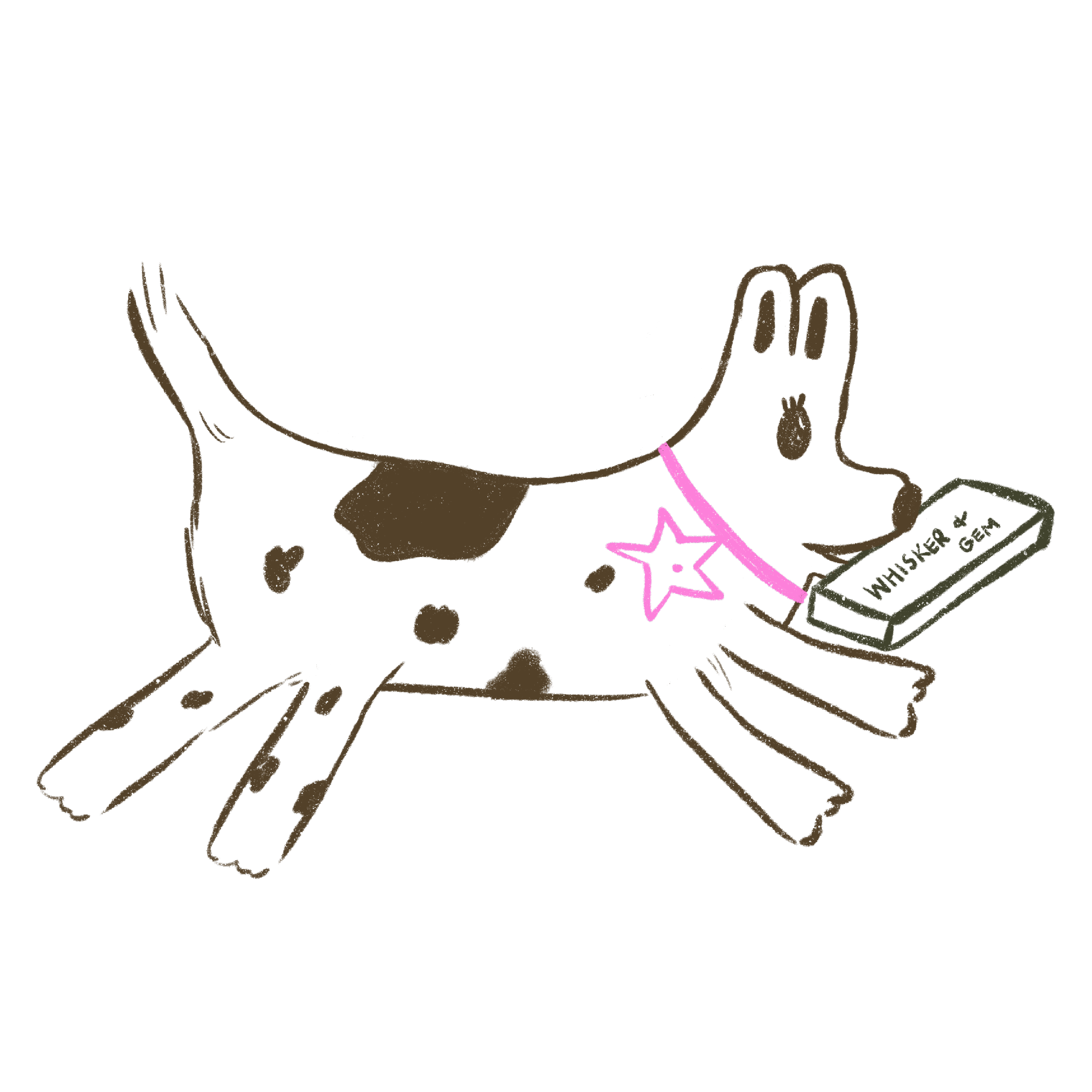 Spotted dog illustrated running with a package in its mouth. The dog is seen quickly delivering the package in its mouth. The spotted dog is wearing a Whisker and Gem Mini Star Trinket.
