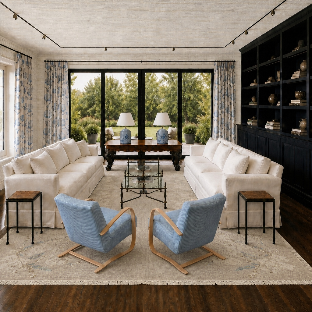 Santa Fe living office with cream slipcovered sofas, blue floral drapery, and black built-in shelving — Troy Parker Design