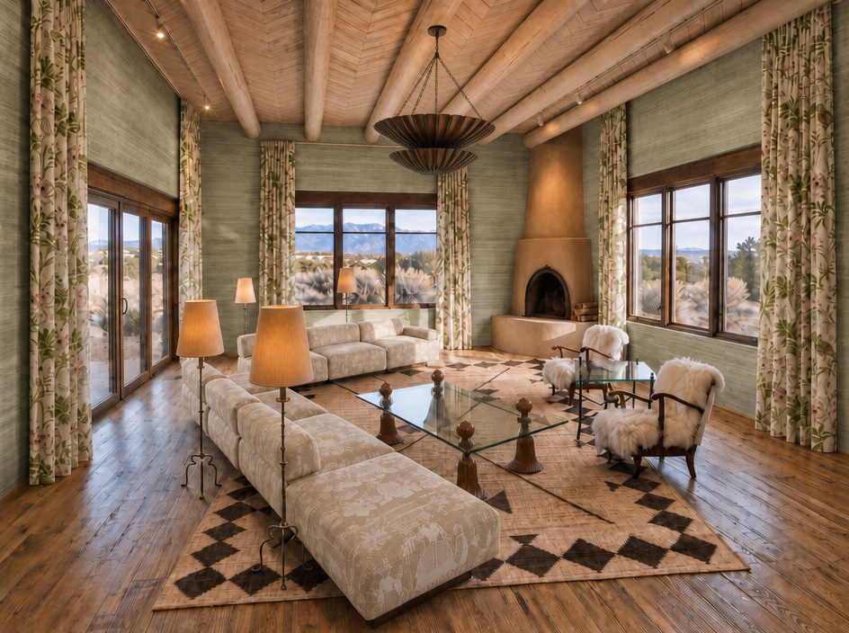 Santa Fe great room with latilla ceiling, kiva fireplace, and green grasscloth walls designed by Troy Parker Design