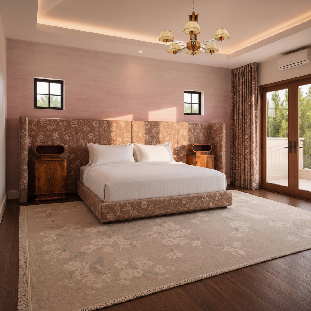 Primary bedroom in Santa Fe home with upholstered headboard wall and burl wood nightstands by Troy Parker Design