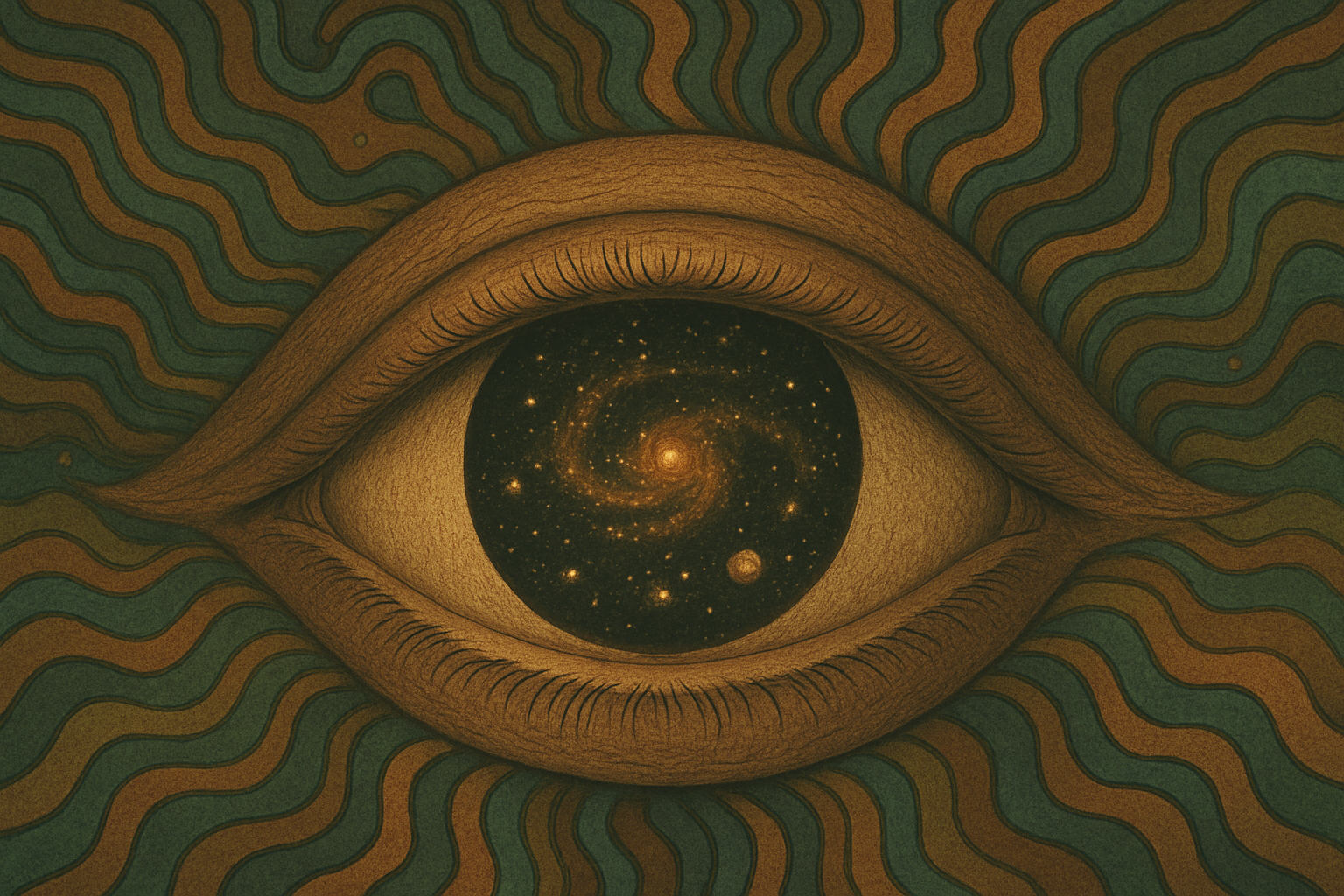An artistic illustration of a human eye with a galaxy in the iris, surrounded by wavy, colorful patterns.