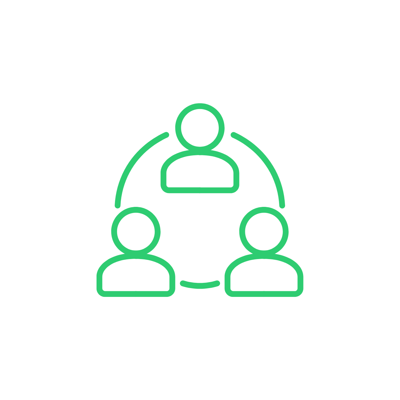 Line drawing of a person at the top connected to three other people below by curved lines, indicating a team or network.