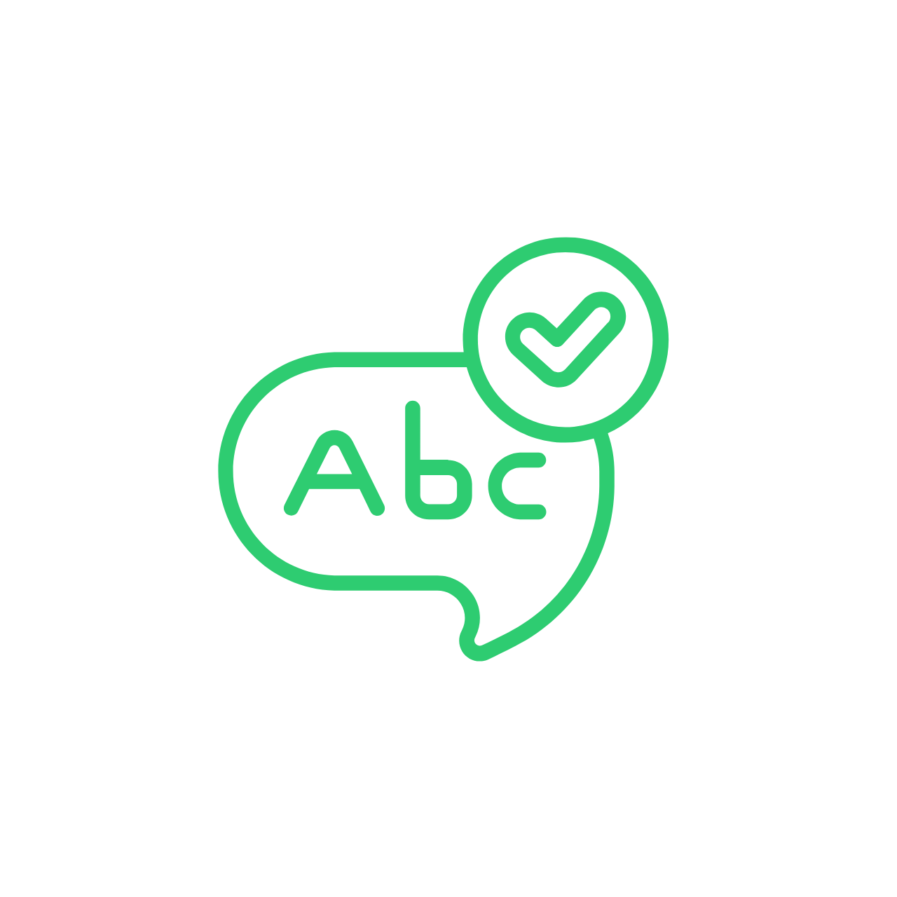 Green outline speech bubble with 'A B c' and a checkmark in a circle