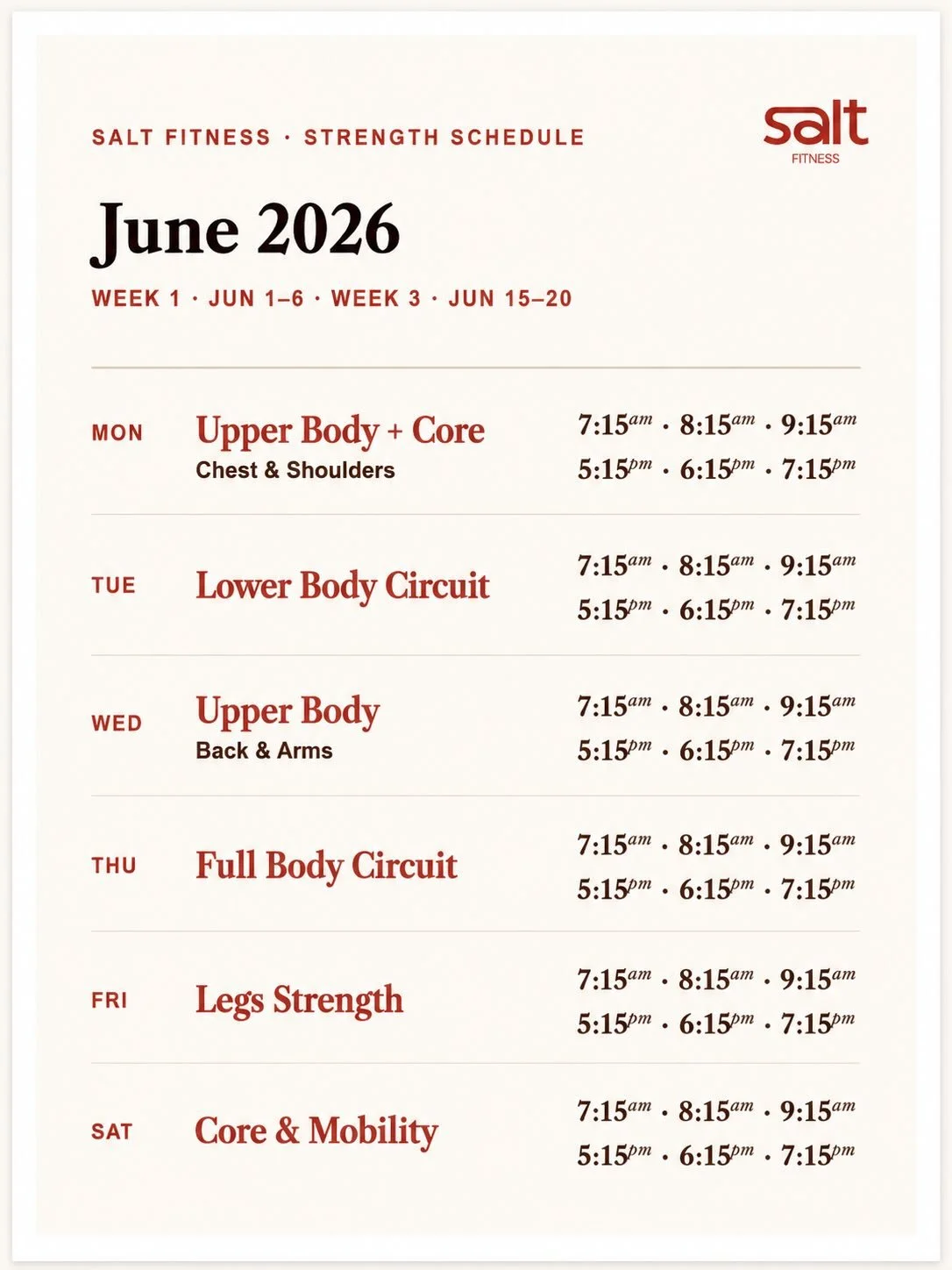 June at Salt 💥

Our new monthly Strength Schedule is here ✨

&bull; Week 1 &amp; 3 follow the same schedule
&bull; Week 2 &amp; 4 follow the same schedule

Please swipe through both pages before booking 📅

Yoga &amp; Zumba timings will be shared we