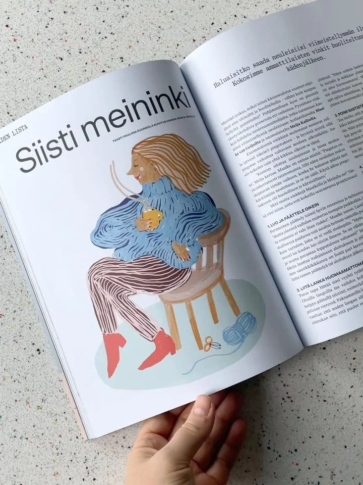 She&rsquo;s enjoying a nice cup of coffee, looking so pleased with herself &mdash; she&rsquo;s just finished her knitting project.🧶🪡

It was an honour to create this illustration for the latest issue of @laine_magazine. Thank you for the opportunit