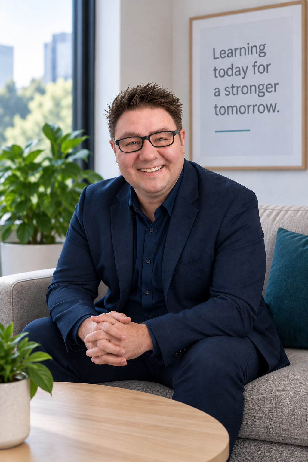 an image of callum hosking sitting on a couch looking at the camera. in the background is a window looking over Melbourne CBD, and a picture that describe the motto "learning today for a stronger tomorrow."