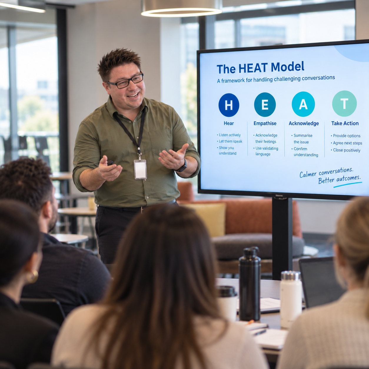 picture of callum talking to a group about the HEAT model which is displayed on a tv screen behind him.