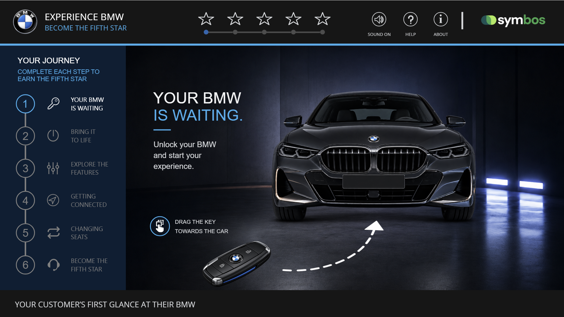an image of a locked BMW car and key fob, inviting the learner to unlock the car