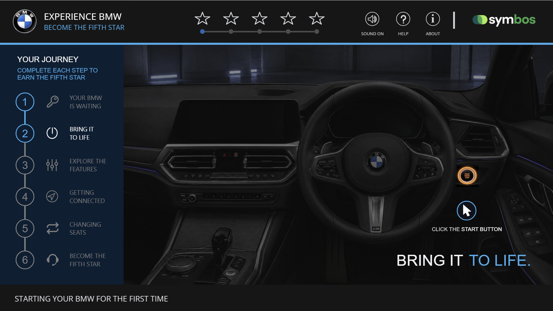 interior of the BMW cockpit waiting with the start button highlighted
