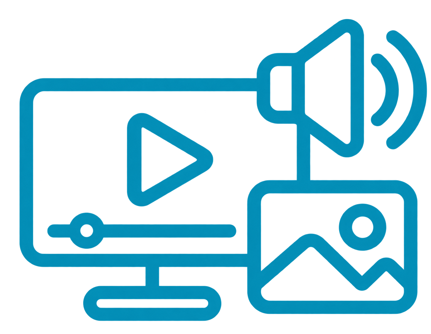 multimedia icon showing a video player, speaker, and an image