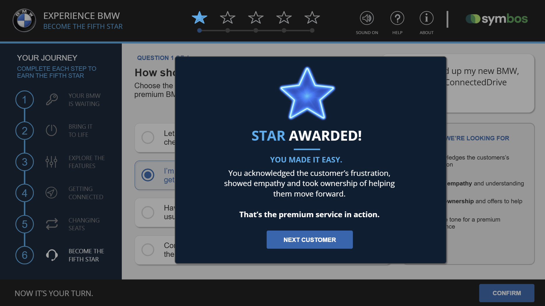 feedback screen, which is awarding the learner a start for completing this first scenario