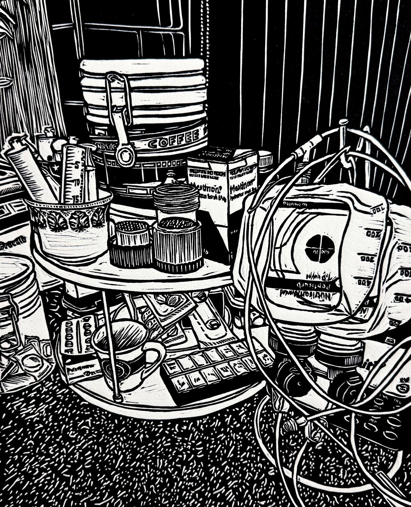 It wouldn't be @the_blend_mag without artwork from @kathryn.lean.artist. So you'll be pleased to know she's back for Issue 5, with stunning pieces like 'The Breakfast Bench'. ⁠
⁠
"This Lino print depicts the merging of two worlds, hospital and h