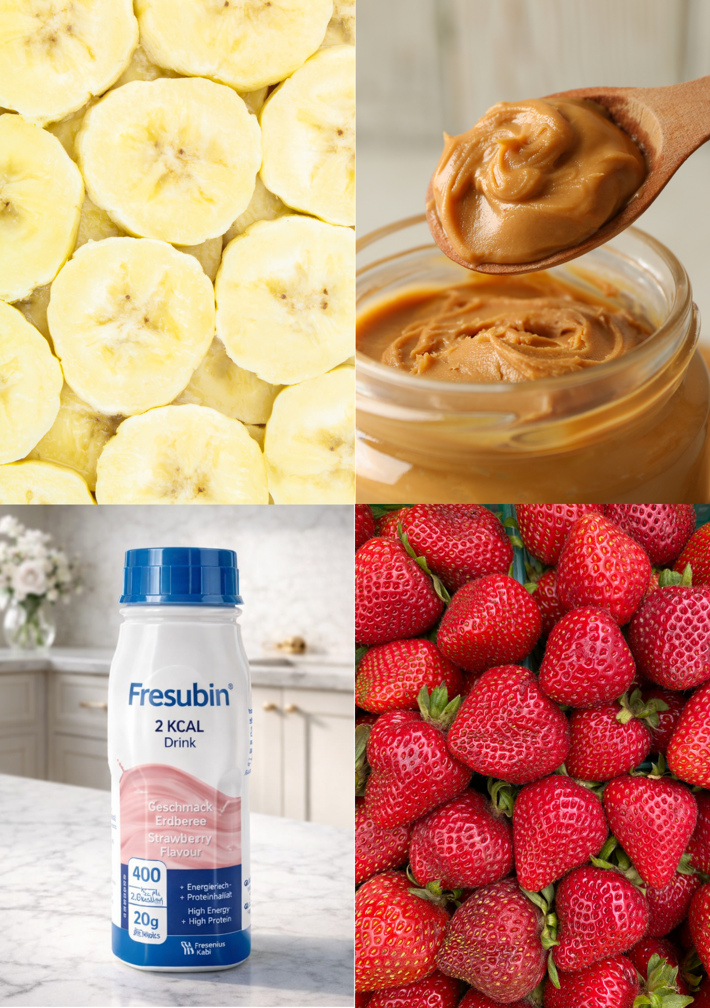 Four-panel image showing sliced banana rounds, a spoonful of smooth peanut butter above an open jar, a bottle of Fresubin 2 KCAL Drink Strawberry flavour on a marble kitchen bench, and a close-up of fresh red strawberries.