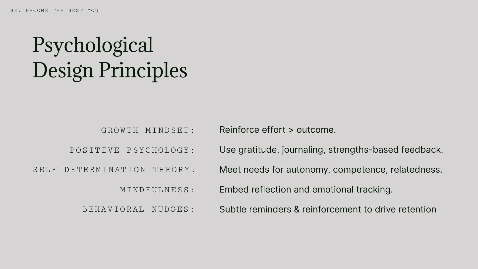 Slide titled 'Psychological Design Principles' with principles listed: Growth Mindset, Positive Psychology, Self-Determination Theory, Mindfulness, Behavioral Nudges, in a presentation slide with a gray background.