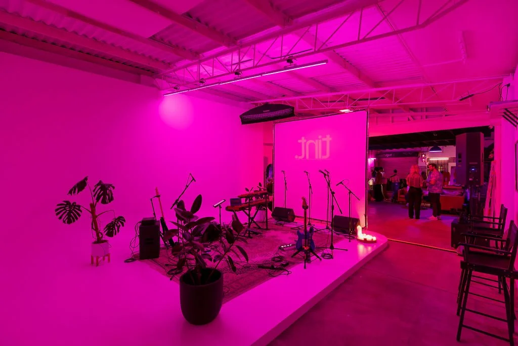Pink-lit room with music event setup, featuring microphones, electric guitar, keyboard, and indoor plants; people gathered in background.