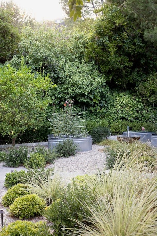 Large entertainer's yard with linear pool, chaise lounges, cantilevered umbrellas, fire pit gravel lounge, lush layered Mediterranean plantings and privacy hedges, front sitting porch, walkways through the garden.