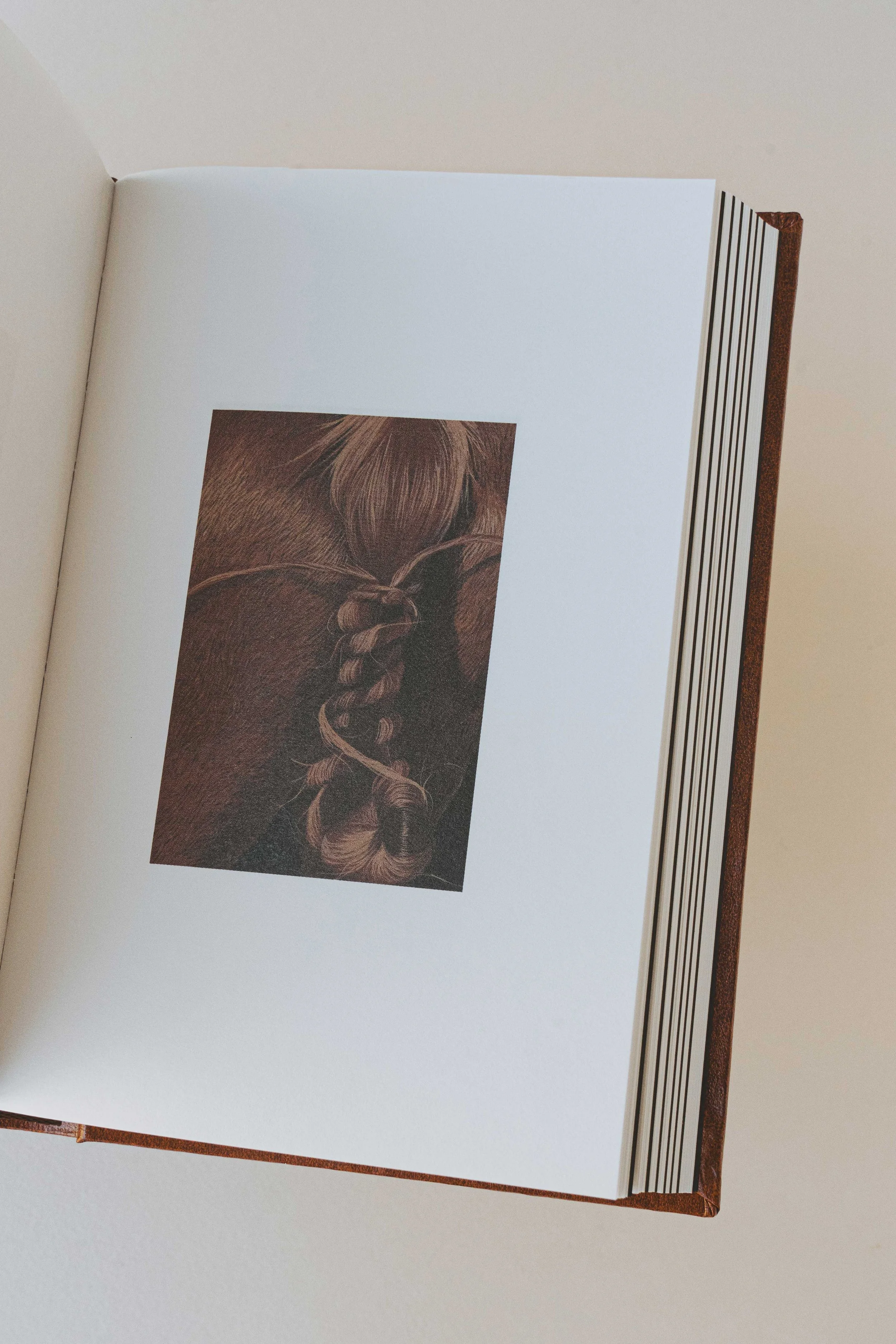 Une page d'un livre avec une illustration d'une jeune fille vue de dos, ses cheveux longs et bouclés attachés en une tresse.