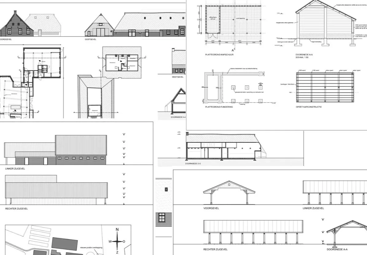 Architectural blueprints for a building, showing elevations, floor plans, sections, and construction details.