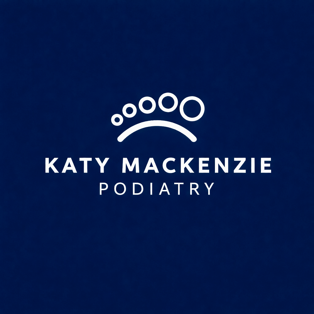 Logo for Katy Mackenzie Podiatry featuring a stylized footprint and text