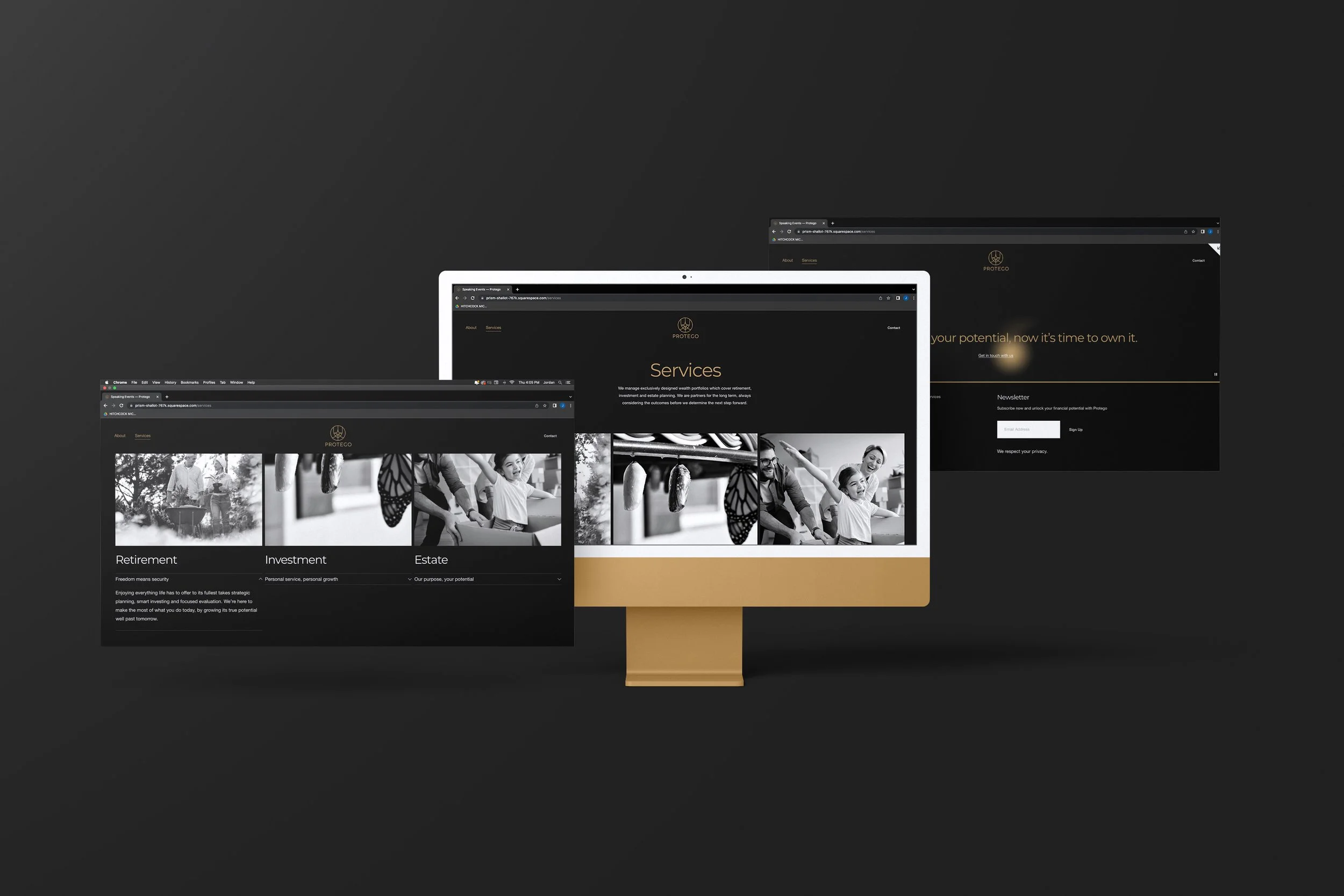 Various computer screens showing different pages of the Protego website on a black background.
