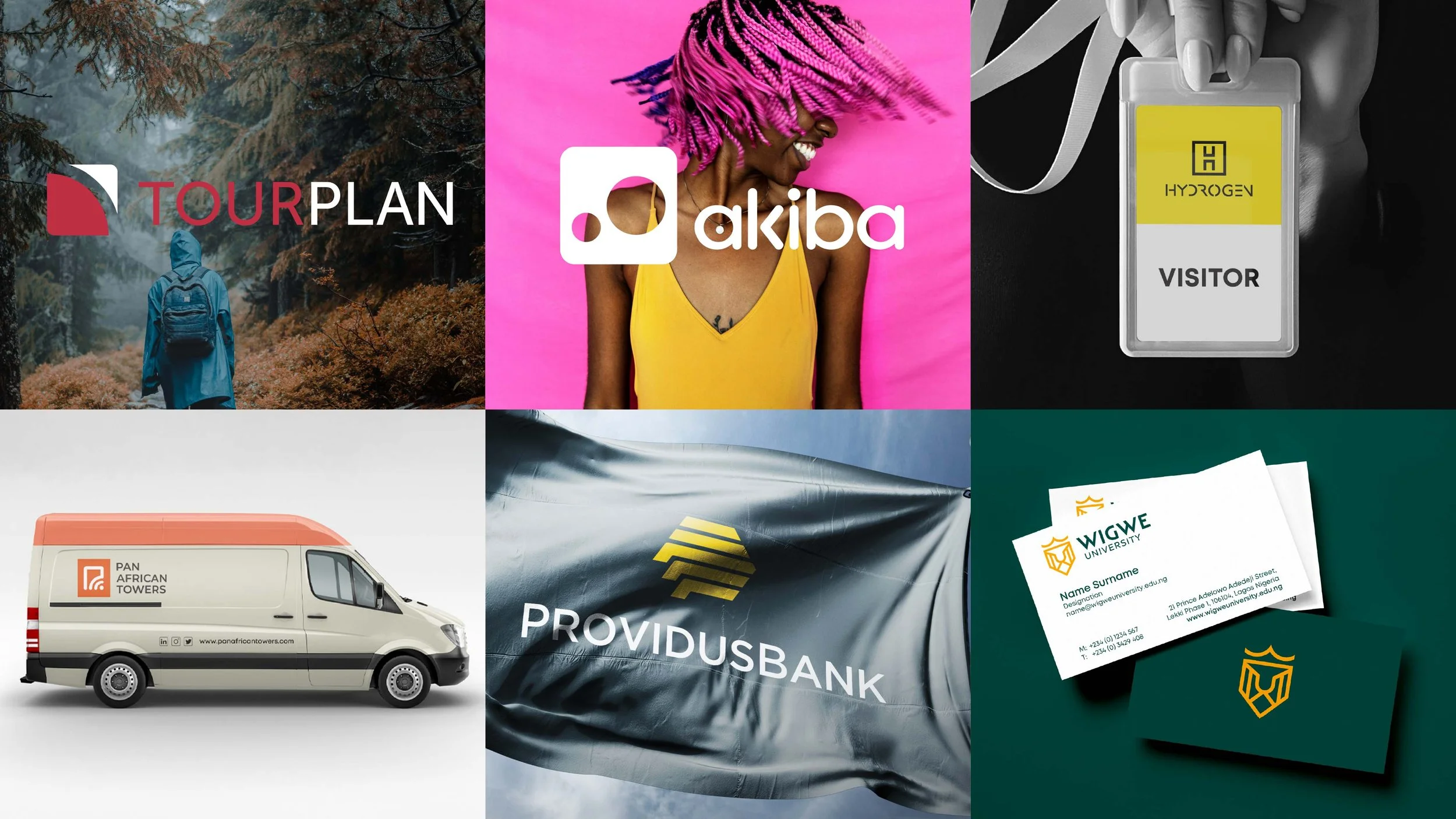 Illustration of brand identity components including logo, color palette, typography, and visual style