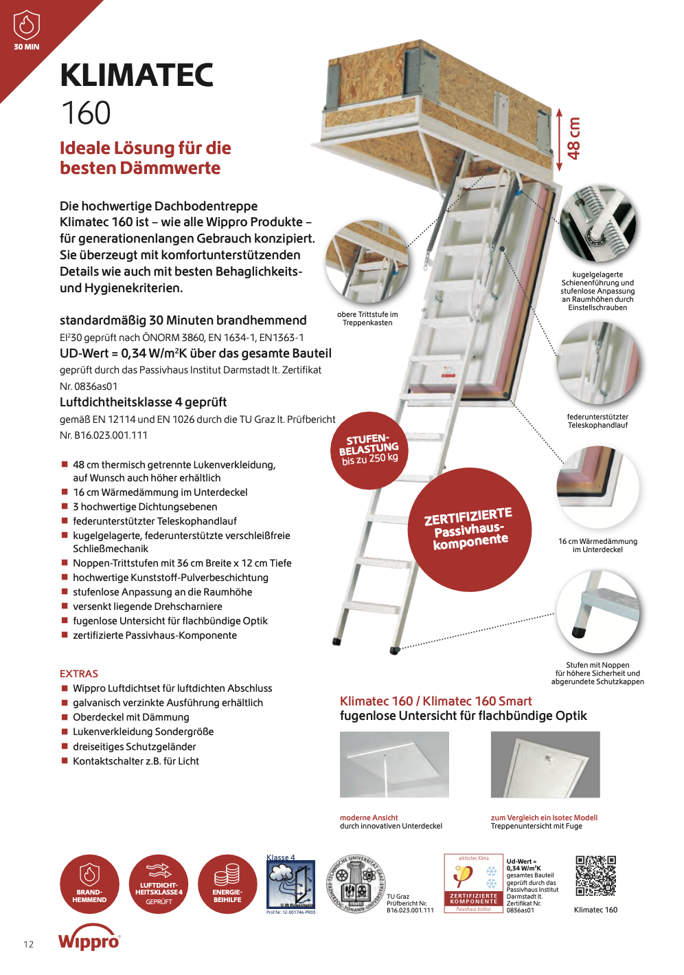 Technische Produktbeschreibung einer Dachbodentreppe namens Klimatec 160, inklusive Detailaufnahmen der Treppe und ihrer Komponenten, sowie Produktmerkmale und Zertifizierungen.
