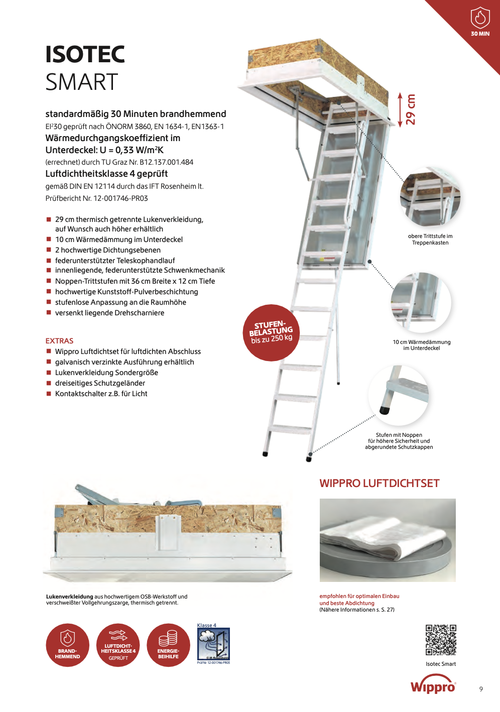 Produktbeschreibung für ISOTEC SMART Dachbodentreppe mit Details zu Maßen, Dämmung, Dichtungen und Extra-Ausstattung