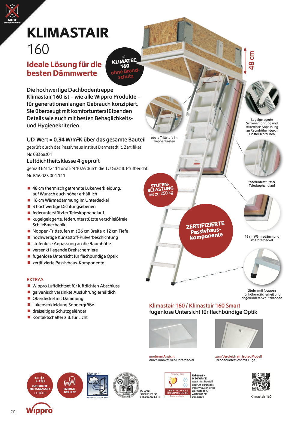 Produktbeschreibung eines Klimastairs 160, einer hochwertigen Dachbodentreppe von Wipro, inklusive Details zu Material, Design und Zertifizierungen.