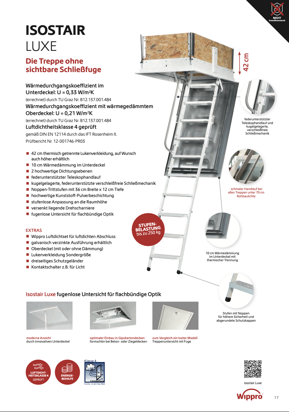 Produktbeschreibung einer isolierten, brandhemmenden Schachtleiter namens ISOSTAIR LUXE mit Funktionen wie thermischer Trennung, luftdichten Abschluss, leichter Handhabung und Verstellbarkeit, inklusive Details zur Bauart, Material und Sicherheit. En