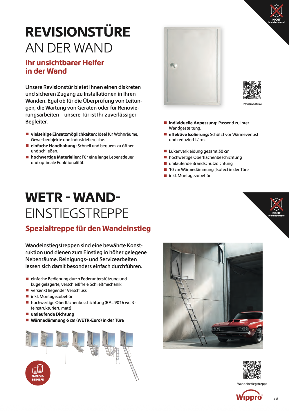Werbeplakat für Revisionstüren an der Wand und Wandrostege. Oben: Bild einer Revisionstür mit Text zu deren Eigenschaften. Unten: Bild einer Wand-Wand-Einstiegstreppe mit Text zu deren Vorteilen.