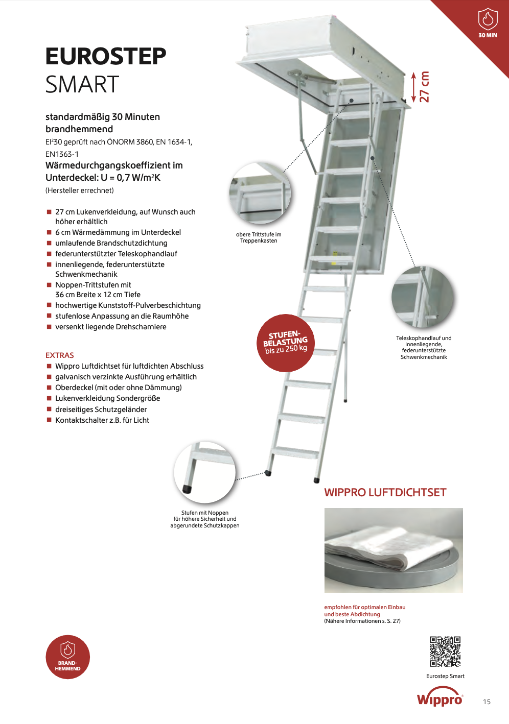 Produktbeschreibung eines ausziehbaren Feuerwehraufstiegsleiters namens EUROSTEP SMART. Das Bild zeigt den Leiter aus Aluminium mit mehreren Stufen, einschließlich Details wie Kipphaltelelementen, Gummi-Abdeckungen an den Füßen und einer festen, sich