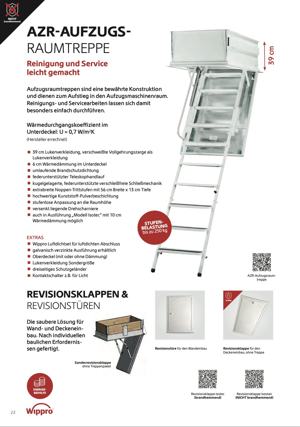 Produktbeschreibung einer Aufzugstreppe mit 39 cm Höhe, aus Aluminium, mit rutschfesten Stufen, für den Einsatz in Dachgeschossen, inklusive zusätzlicher Zubehörteile und Revisionsklappen.