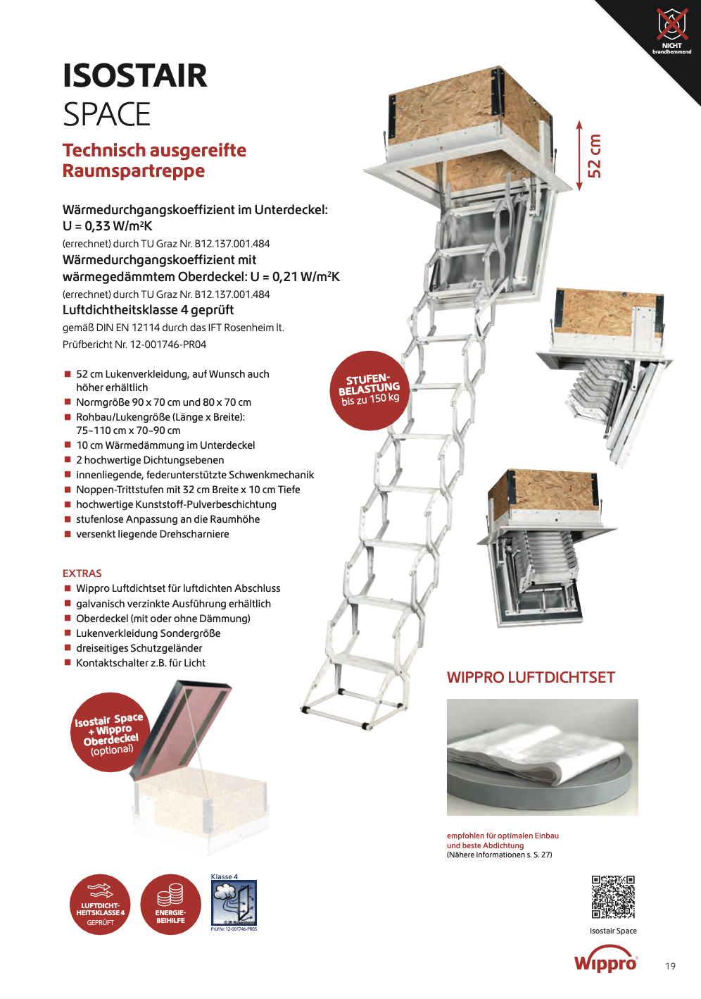 Technisch ausgeklügelte Raumspartreppe mit Holz und Metall, zusammengeklappt und ausgefahren, mit Angabe der Maße und technischen Details.