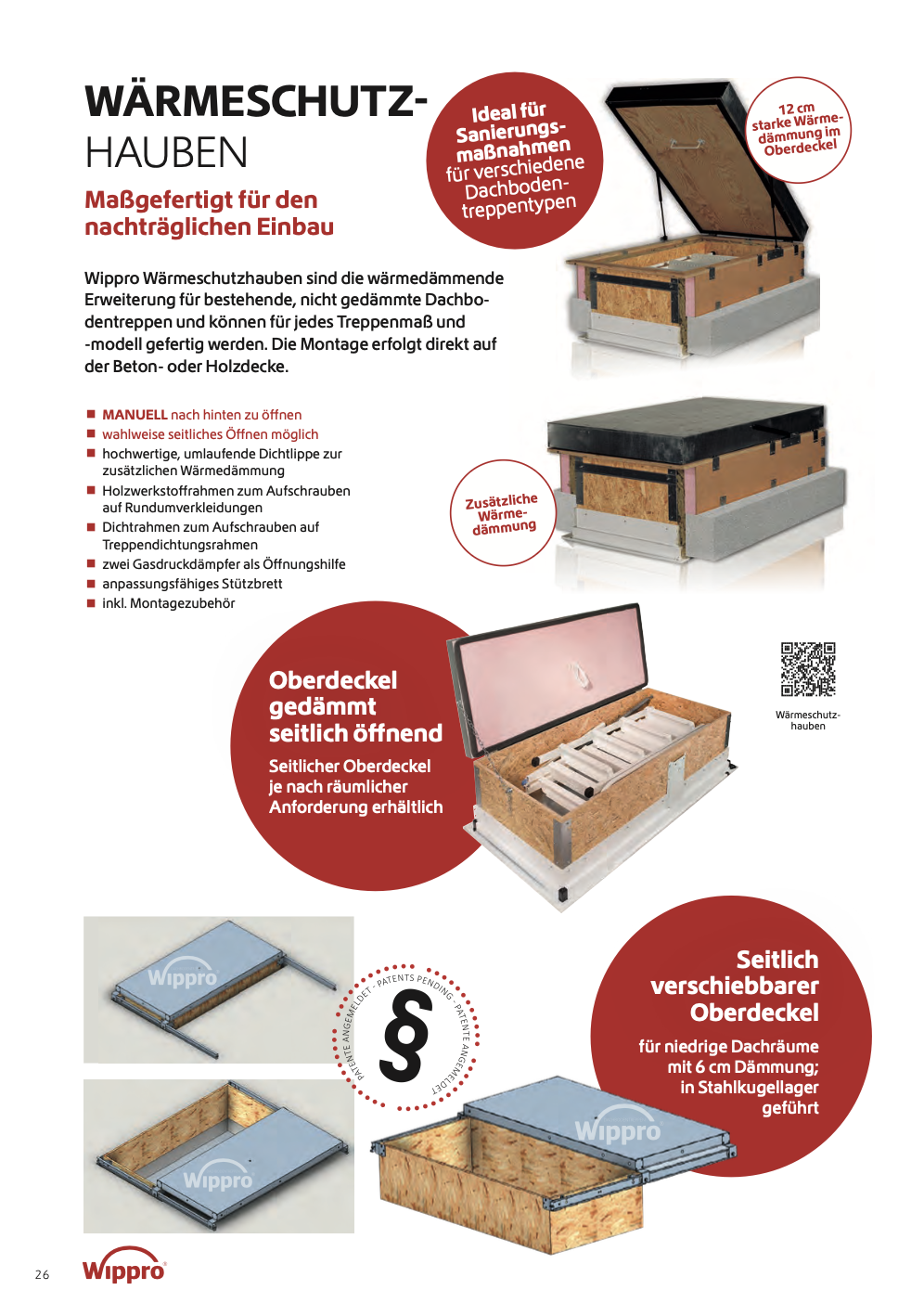 Produktbeschreibung für Wärmeschutzhauben: Drei unterschiedliche Dachbodenhauben, Zubehör und technische Details, inklusive Bilder der Hauben und deren Komponenten.