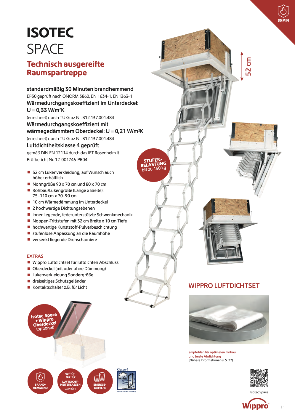 Informationsblatt für die ISOTEC SPACE Raumtreppe mit technischen Details, Abmessungen, Isolierung und Zubehör, inklusive Bildern der Treppe in verschiedenen Ansichten und einer WIPPRO Luftdichtfolie.