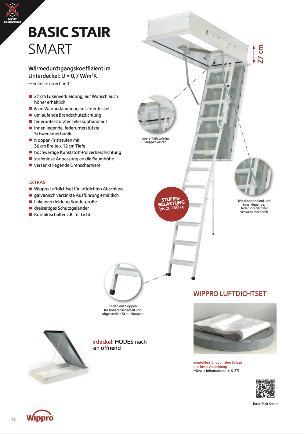 Informationsblatt eines Klapptreppenmodells namens Basic Stair Smart mit technischen Details und Zusatzoptionen wie Luftdichtset und Schutzgeländer.