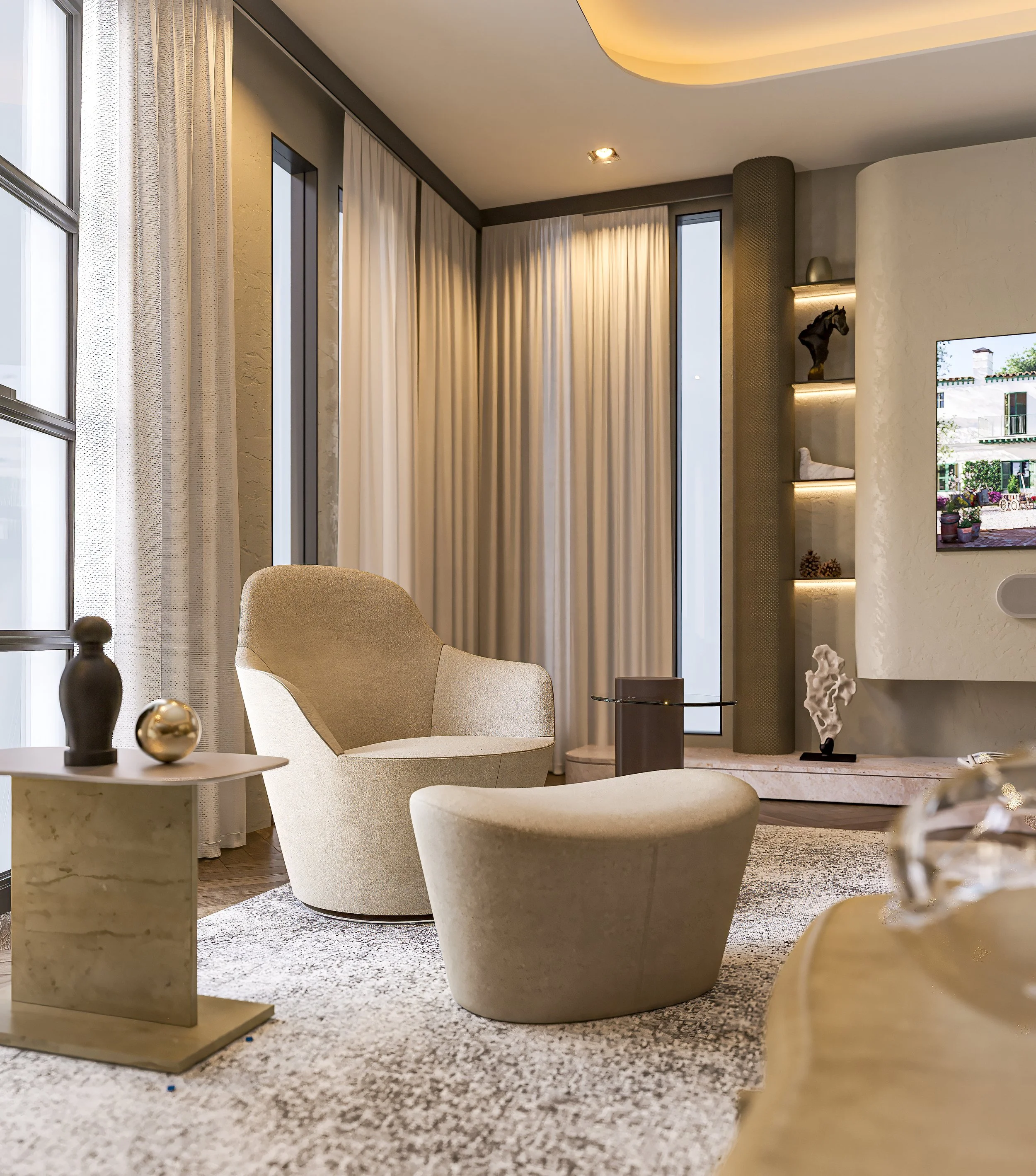 Maison Élevé elegant lounge with cream armchair and floor-to-ceiling curtains by Z Interior Design Sydney