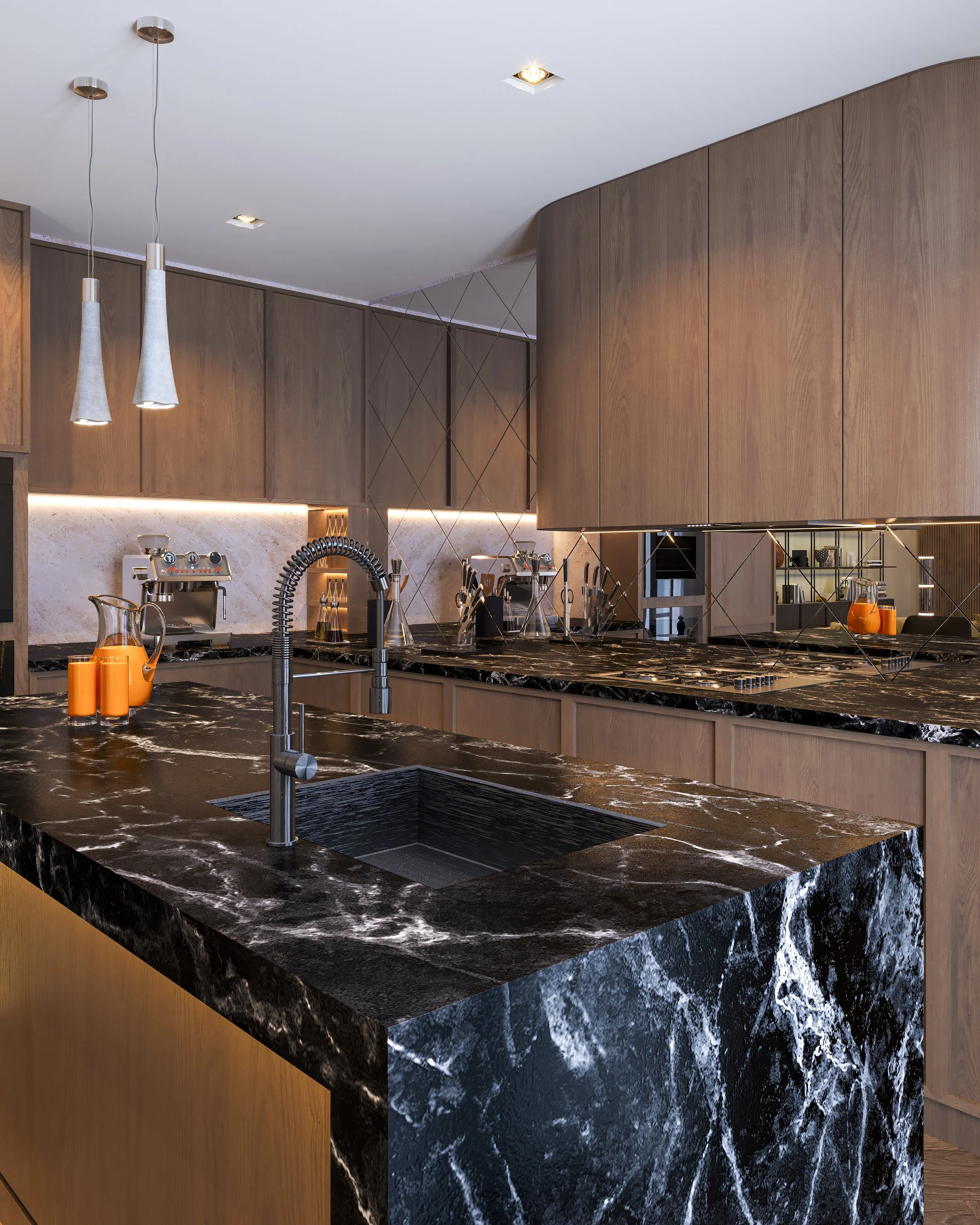 Maison Élevé luxury kitchen with black marble island and pendant lighting by Z Interior Design Sydney