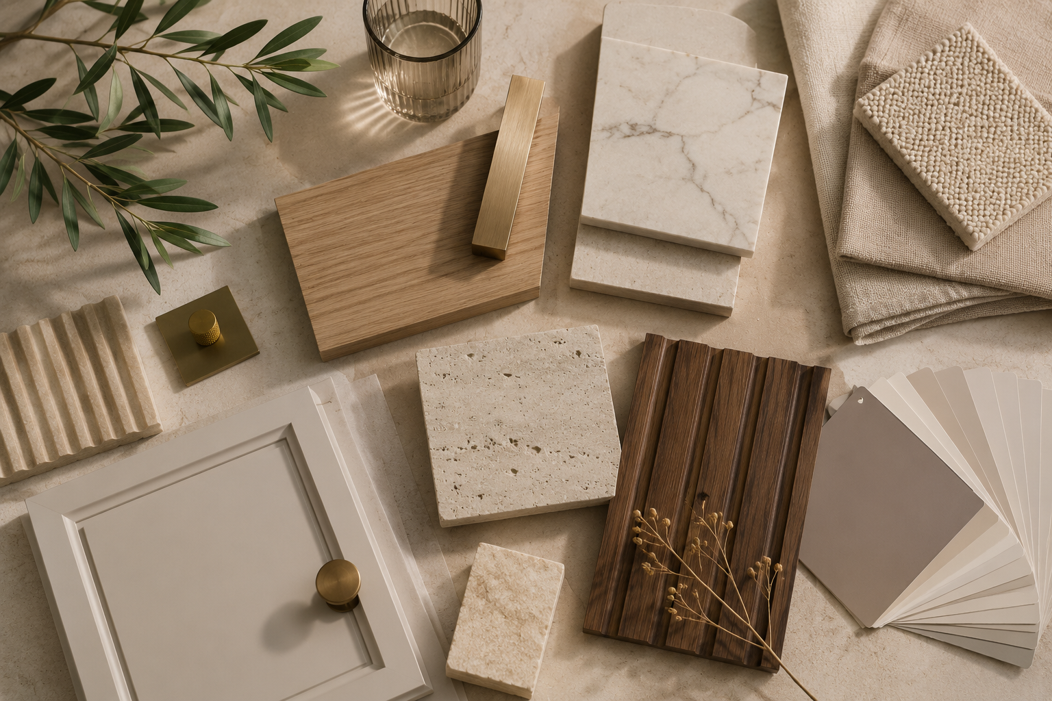 Material and finishes selection service by Z Interior Design Sydney — stone benchtops, tiles and timber samples