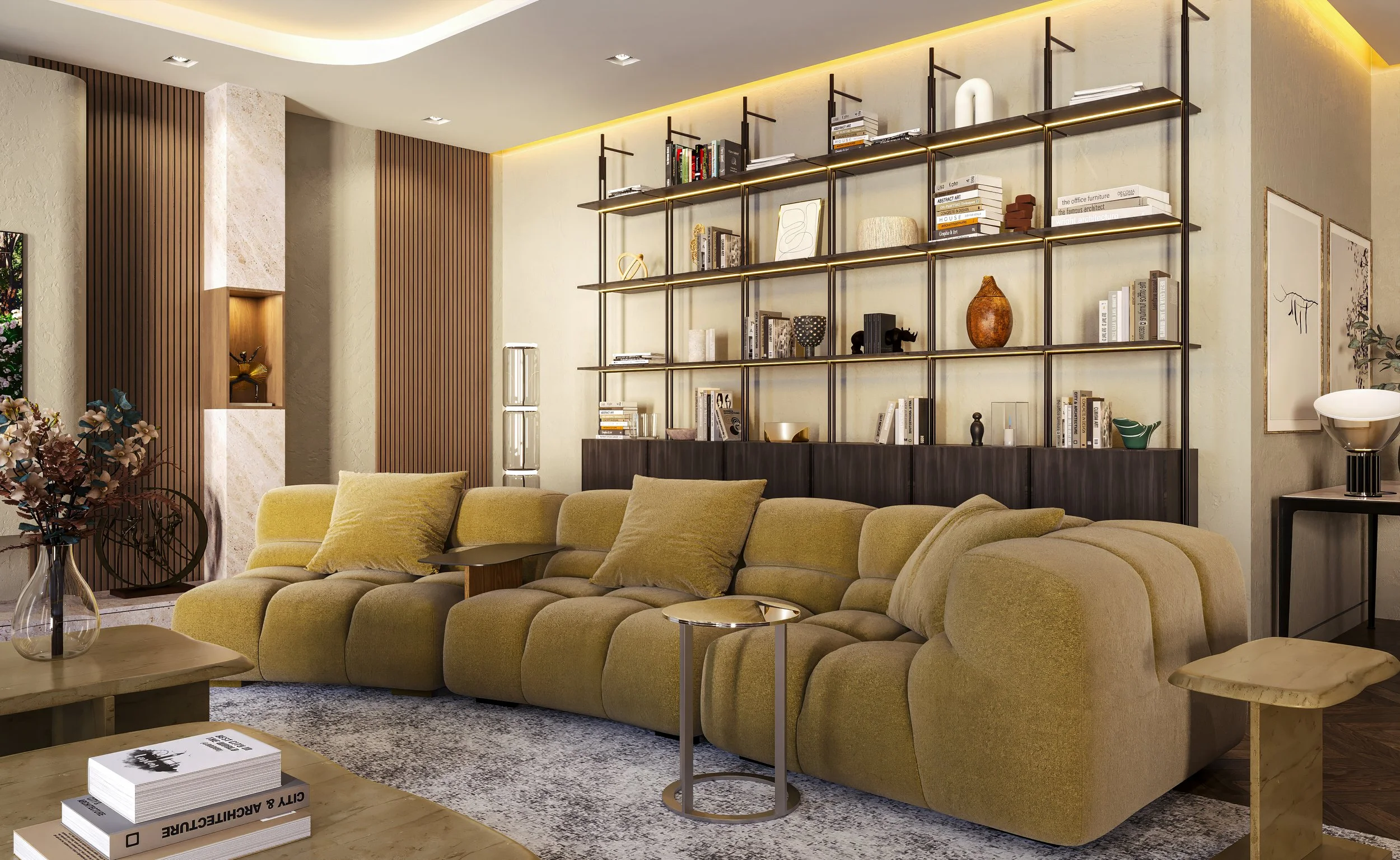 Luxury modern open-plan living room with plush oversized sofa, marble coffee table and wood panelling — Z Interior Design Sydney